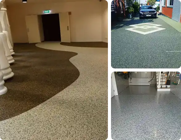Collage of stone carpet flooring in a hallway, driveway, and garage.