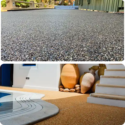 Exposed aggregate concrete in poolside and park settings