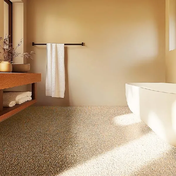Neutral stone carpet flooring in modern bathroom