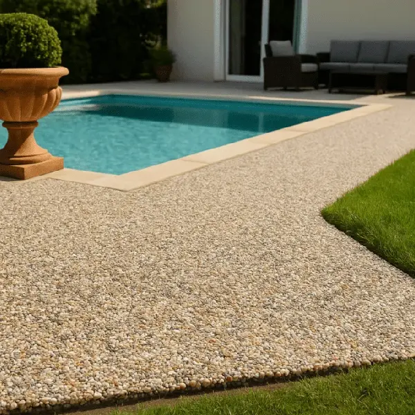 Stone carpet path around a pool in a modern home setting.