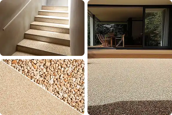 Stone carpet flooring on stairs and patio, showcasing its versatility for home use.
